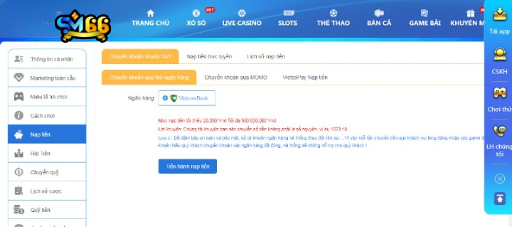 Phương thức nạp tiền SM66 qua ví điện tử Momo đơn giản